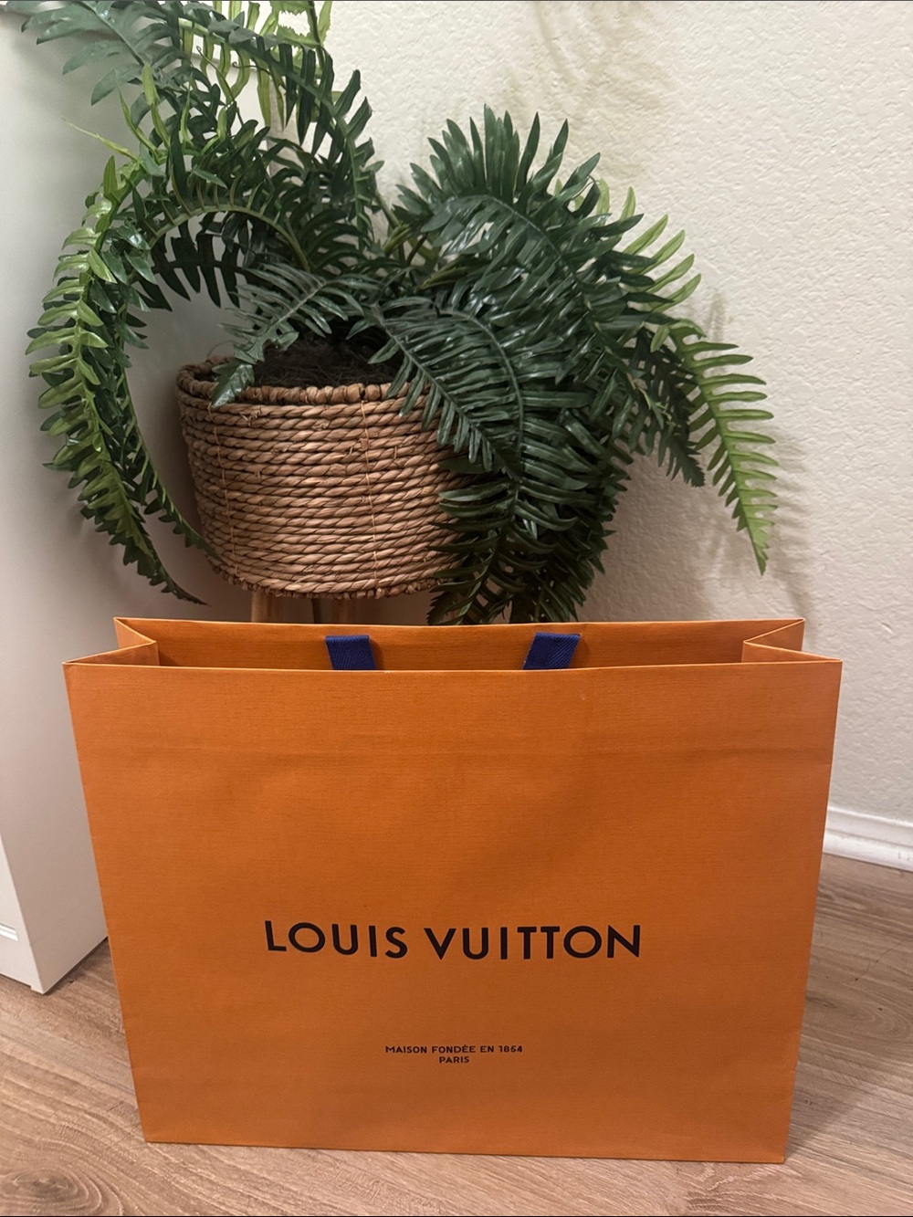 Large Louis Vuitton Orange Gift Tote with Navy Ribbon Handles